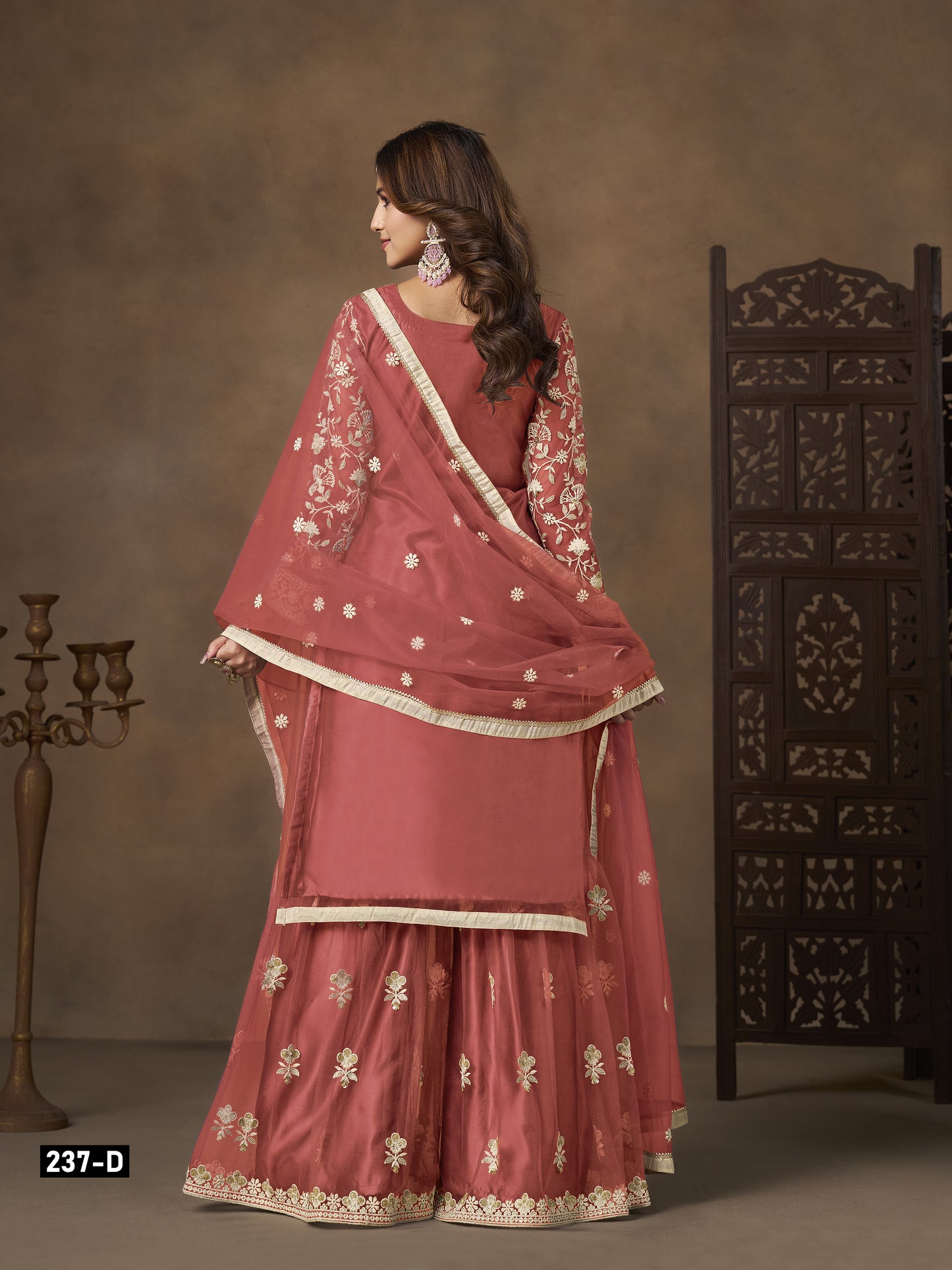 Dark Peach Net Embroidered Designer Palazzo Suit