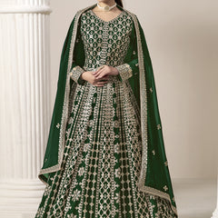 Green Faux Georgette Embroidered Anarkali Suit