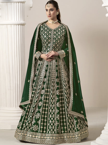Green Faux Georgette Embroidered Anarkali Suit
