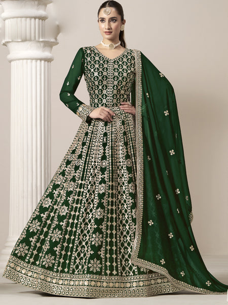 Green Faux Georgette Embroidered Anarkali Suit