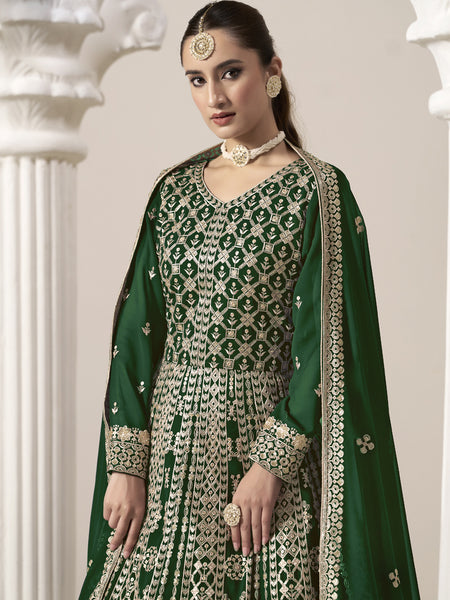 Green Faux Georgette Embroidered Anarkali Suit