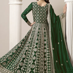 Green Faux Georgette Embroidered Anarkali Suit