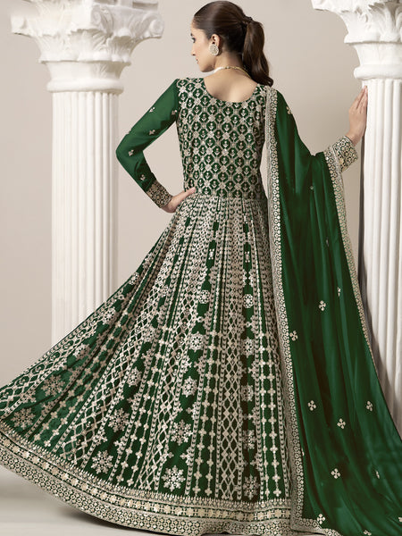 Green Faux Georgette Embroidered Anarkali Suit