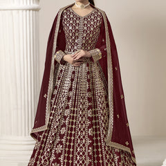Maroon Faux Georgette Embroidered Anarkali Suit