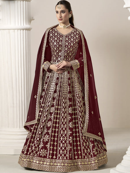 Maroon Faux Georgette Embroidered Anarkali Suit