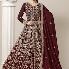 Maroon Faux Georgette Embroidered Anarkali Suit