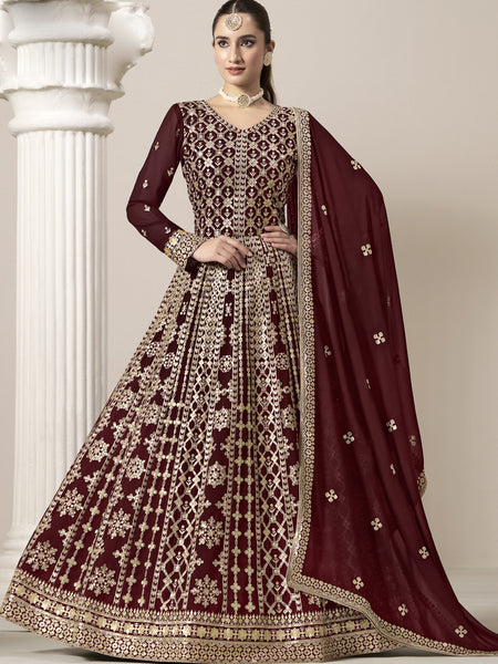 Maroon Faux Georgette Embroidered Anarkali Suit