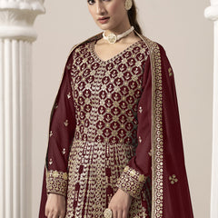 Maroon Faux Georgette Embroidered Anarkali Suit