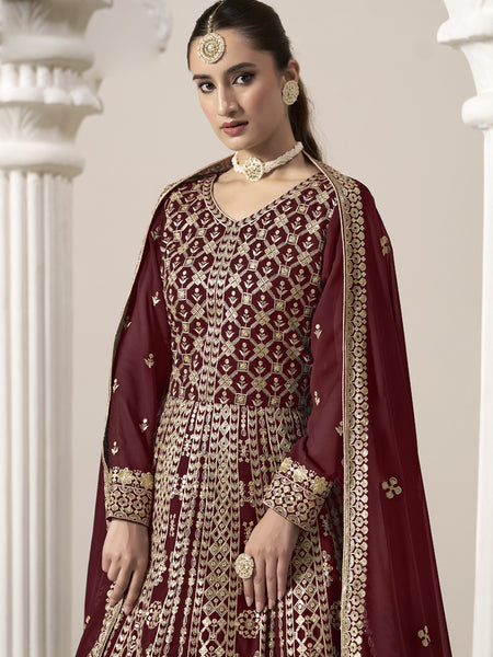 Maroon Faux Georgette Embroidered Anarkali Suit