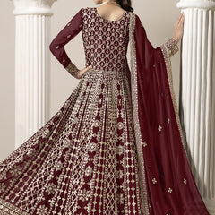 Maroon Faux Georgette Embroidered Anarkali Suit