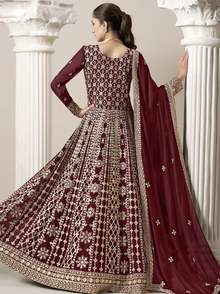 Maroon Faux Georgette Embroidered Anarkali Suit