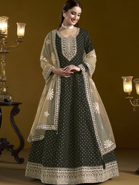 Black Chanderi Butti Embroidered Anarkali Suit
