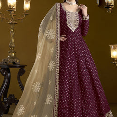 Wine Chanderi Butti Embroidered Anarkali Suit