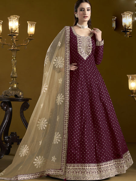 Wine Chanderi Butti Embroidered Anarkali Suit