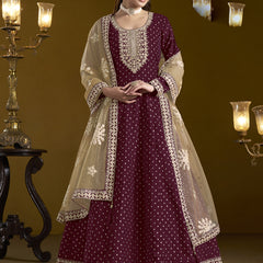 Wine Chanderi Butti Embroidered Anarkali Suit