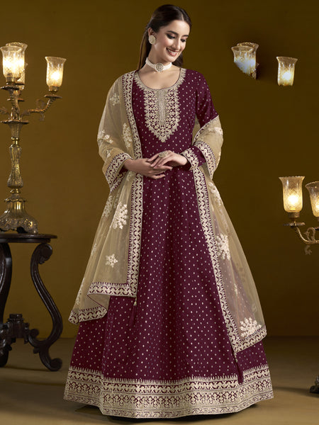 Wine Chanderi Butti Embroidered Anarkali Suit