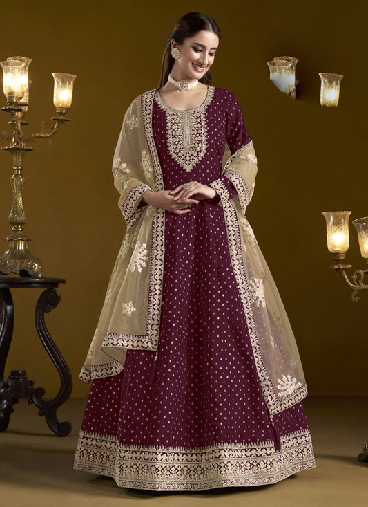 Wine Chanderi Butti Embroidered Anarkali Suit