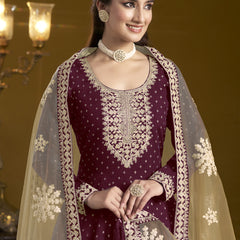 Wine Chanderi Butti Embroidered Anarkali Suit