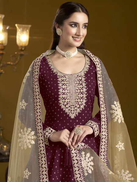Wine Chanderi Butti Embroidered Anarkali Suit