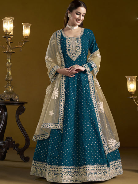 Royal Blue Chanderi Butti Embroidered Anarkali Suit