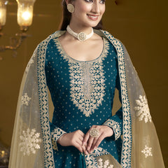 Royal Blue Chanderi Butti Embroidered Anarkali Suit