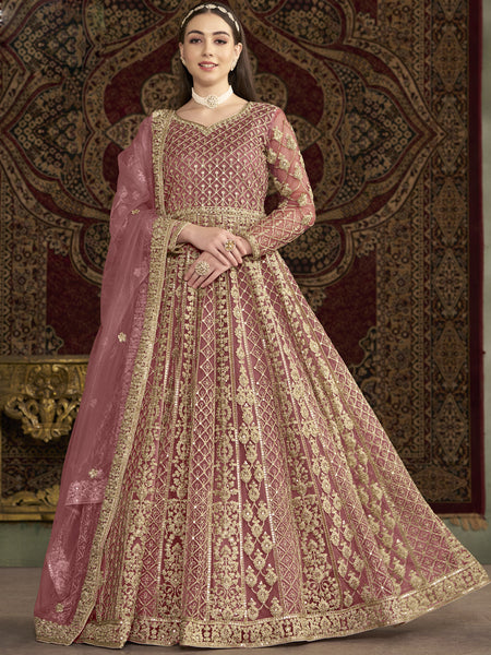 Light Pink Net Embroidered Anarkali Suit