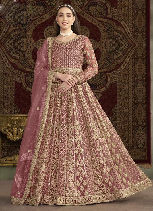 Light Pink Net Embroidered Anarkali Suit