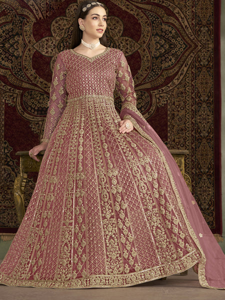 Light Pink Net Embroidered Anarkali Suit