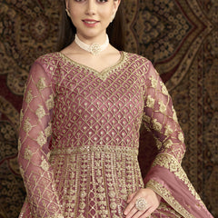 Light Pink Net Embroidered Anarkali Suit