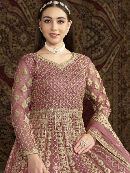 Light Pink Net Embroidered Anarkali Suit
