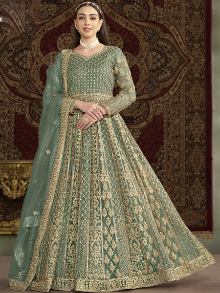 Sea Green Net Embroidered Anarkali Suit