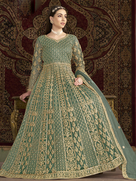Sea Green Net Embroidered Anarkali Suit