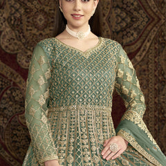 Sea Green Net Embroidered Anarkali Suit