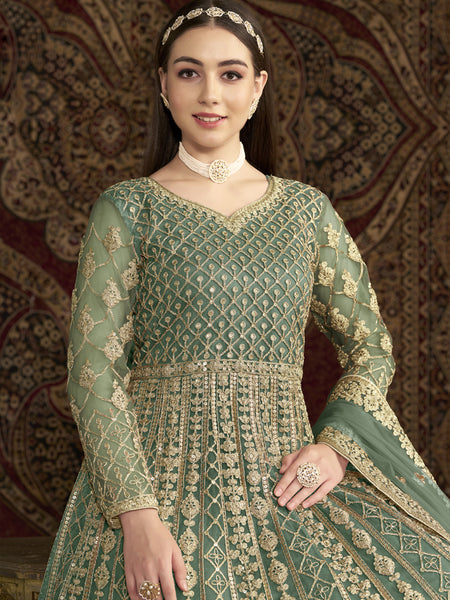 Sea Green Net Embroidered Anarkali Suit