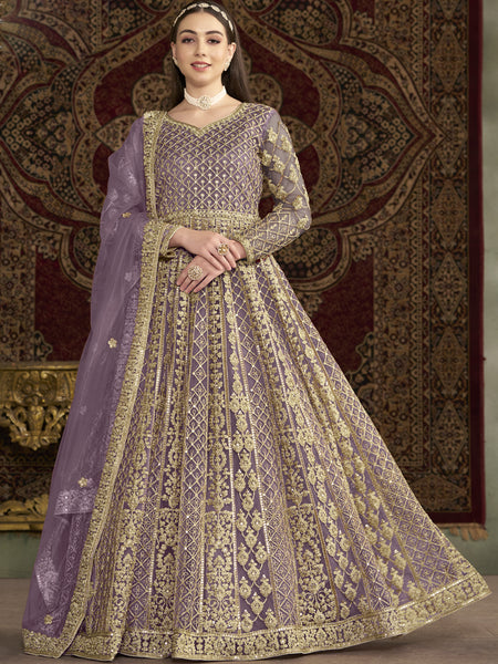 Lavender Net Embroidered Anarkali Suit