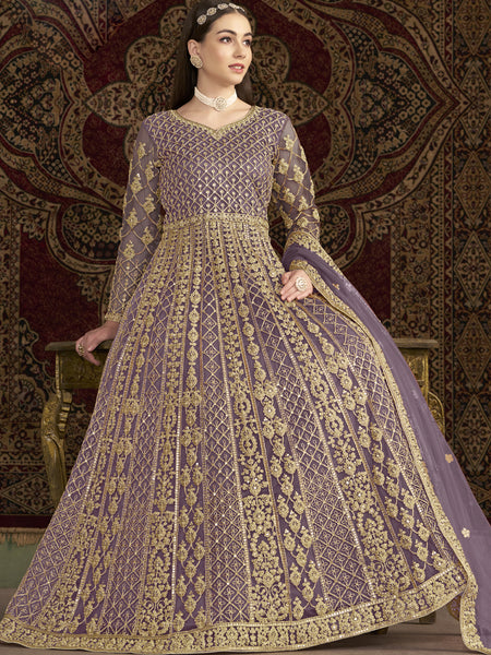 Lavender Net Embroidered Anarkali Suit