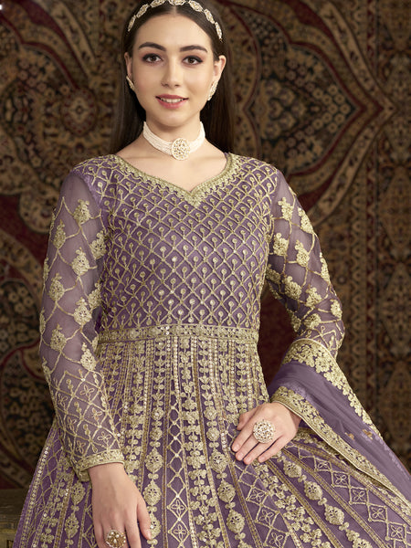 Lavender Net Embroidered Anarkali Suit