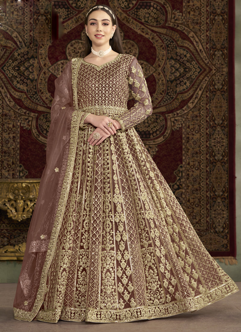 Light Brown Net Embroidered Anarkali Suit