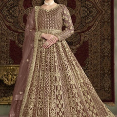 Light Brown Net Embroidered Anarkali Suit