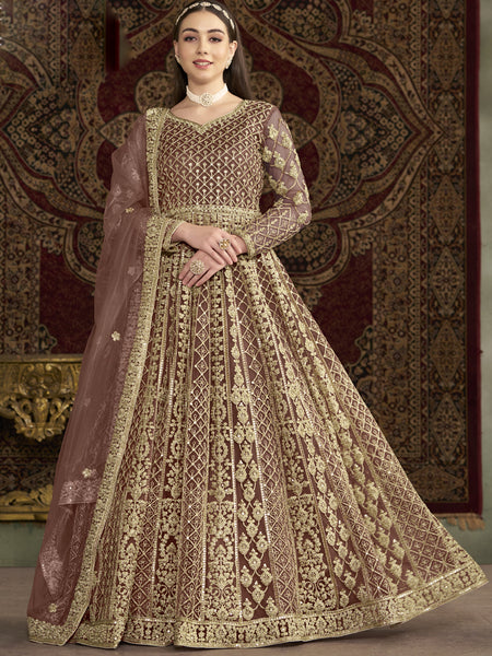 Light Brown Net Embroidered Anarkali Suit