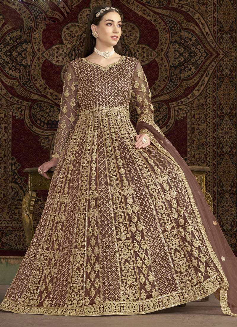 Light Brown Net Embroidered Anarkali Suit