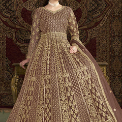 Light Brown Net Embroidered Anarkali Suit