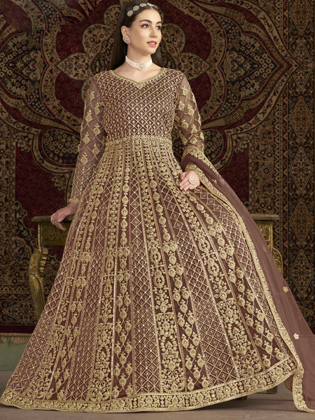 Light Brown Net Embroidered Anarkali Suit