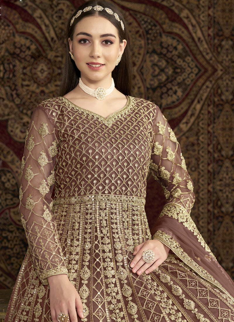 Light Brown Net Embroidered Anarkali Suit