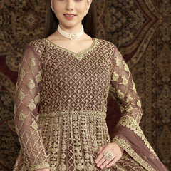 Light Brown Net Embroidered Anarkali Suit