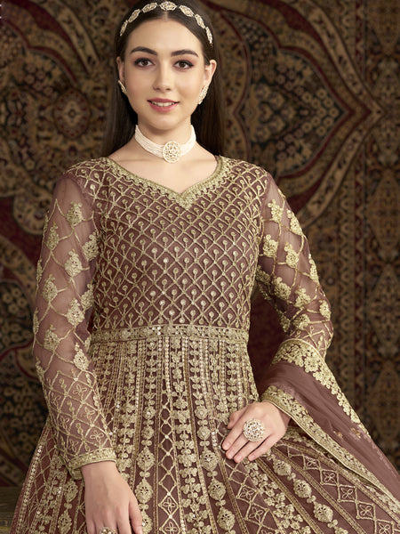 Light Brown Net Embroidered Anarkali Suit