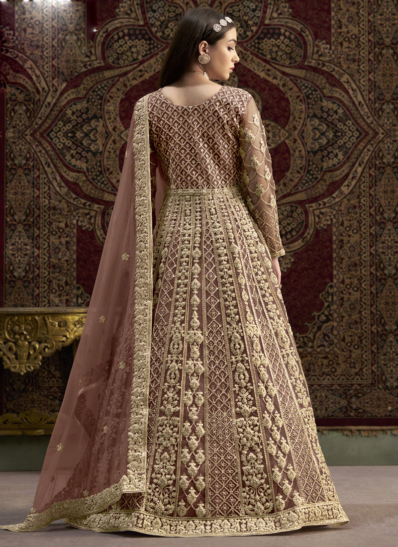 Light Brown Net Embroidered Anarkali Suit