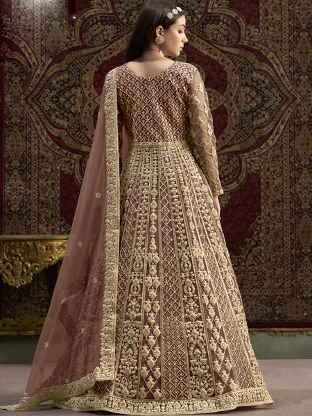 Light Brown Net Embroidered Anarkali Suit