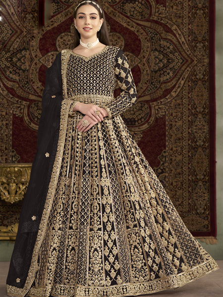 Dark Brown Net Embroidered Anarkali Suit