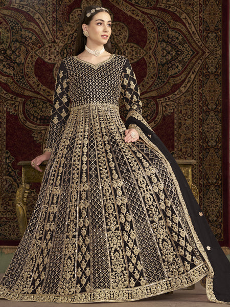 Dark Brown Net Embroidered Anarkali Suit
